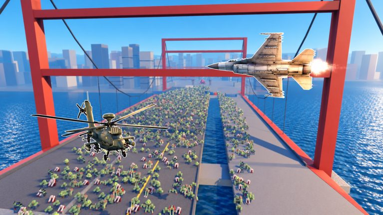 Zombie Air Force aircraft over the city bridge front line